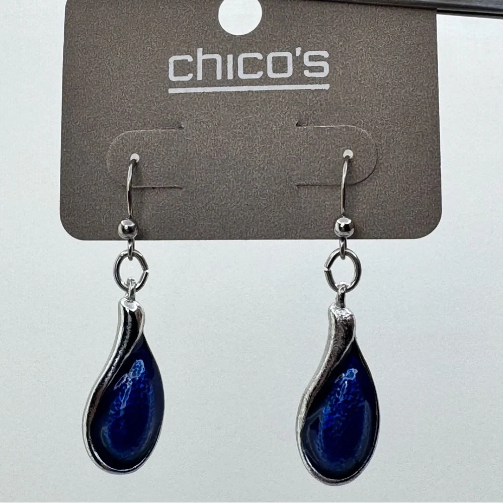 Chico’s Silver Tone Blue Enamel Teardrop Dangle Earrings NWT Boho Chic